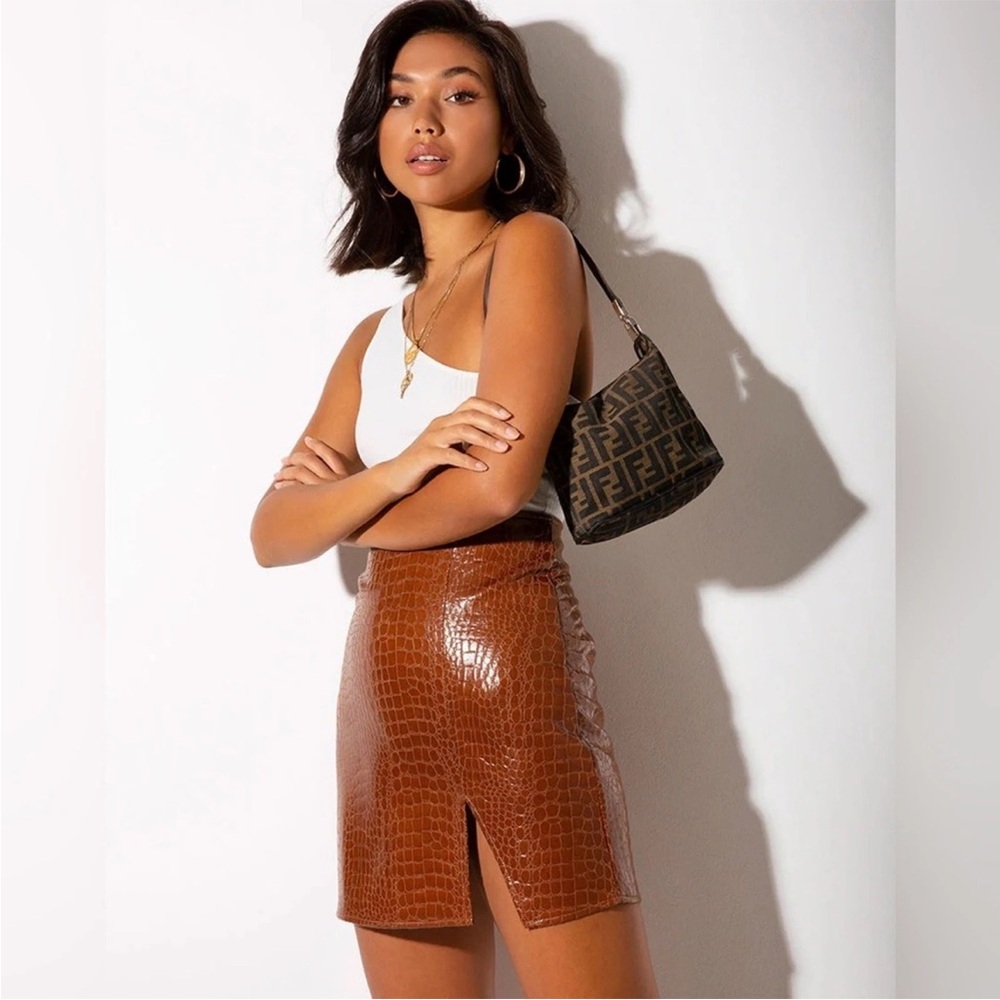 Motel Rocks Mini Skirt Faux Leather Croc Brown XS